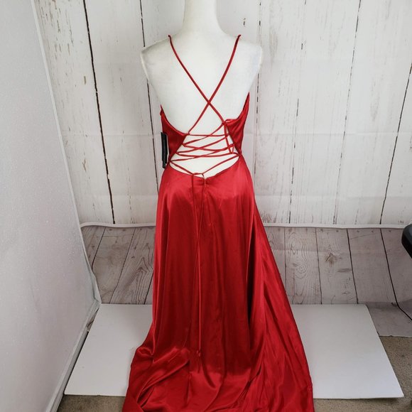 New Aqua Plunging Lace Back Evening Gown Prom - Picture 4 of 8